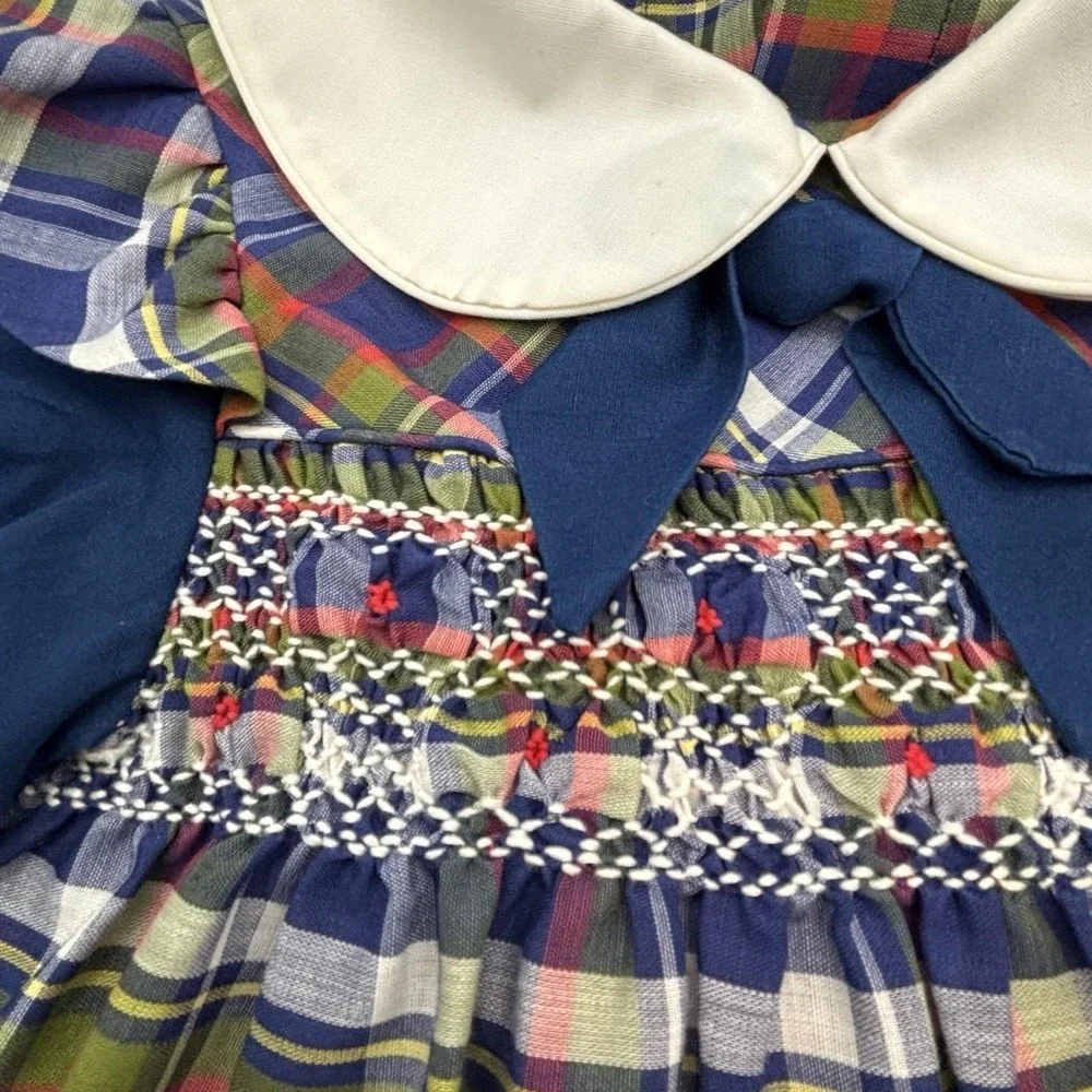 Vintage Polly Flinders 4T‎ Girl Dress Smocked HandEmbroidered Plaid Collared